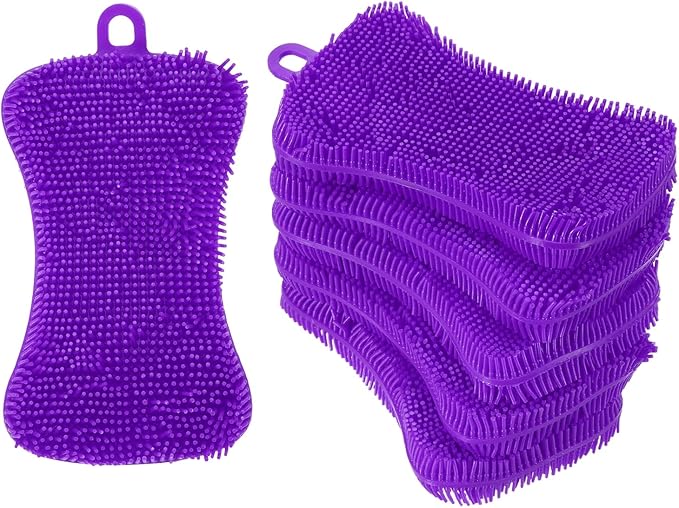 uxcell Silicone Dish Scrubber, 6 Pack Reusable Dishes Sponges Silicone Sponges Double Design for Kitchen Bathroom Cleaning Gadgets Accessories Countertop Cookware Pots Pans, Purple