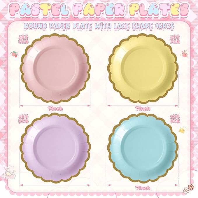 96 Pcs Pastel Paper Plates 7 Inch Easter Scalloped Disposable Dessert Plate for Coquette Bridal Pink Bow Wedding Birthday Baby Shower Party Supplies