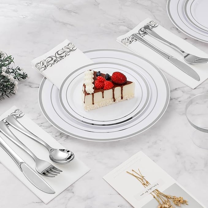 BESTVIP 50PCS 7 Inch Silver Plastic Plates, Disposable Salad Dessert Plate with Silver Rim, Heavy Duty Disposable Plastic Plates for Parties, Wedding and Birthday, Events