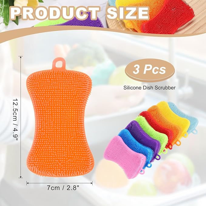 uxcell Silicone Dish Scrubber, 3 Pack Reusable Dishes Sponges Silicone Sponges Double Design for Kitchen Bathroom Cleaning Gadgets Accessories Countertop Cookware Pots Pans, Orange