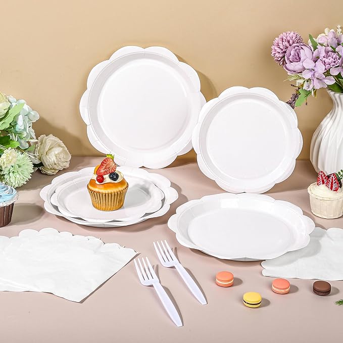 96 Pcs White Paper Plates and Napkins Set Party Supplies, Tableware set for 24 Guest include Disposable White Scalloped Plates, Napkins and Forks for Baby Shower Bridal Shower Wedding