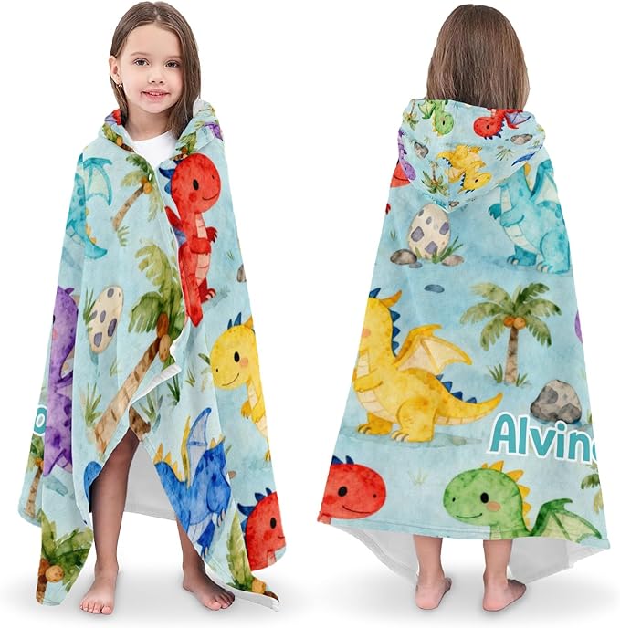 Cute Dinosaur Personalized Hooded Towel Absorbent Wrap Soft Pool Beach Bath Towels Hood Poncho for 5-12 Years Kids Boys Girls