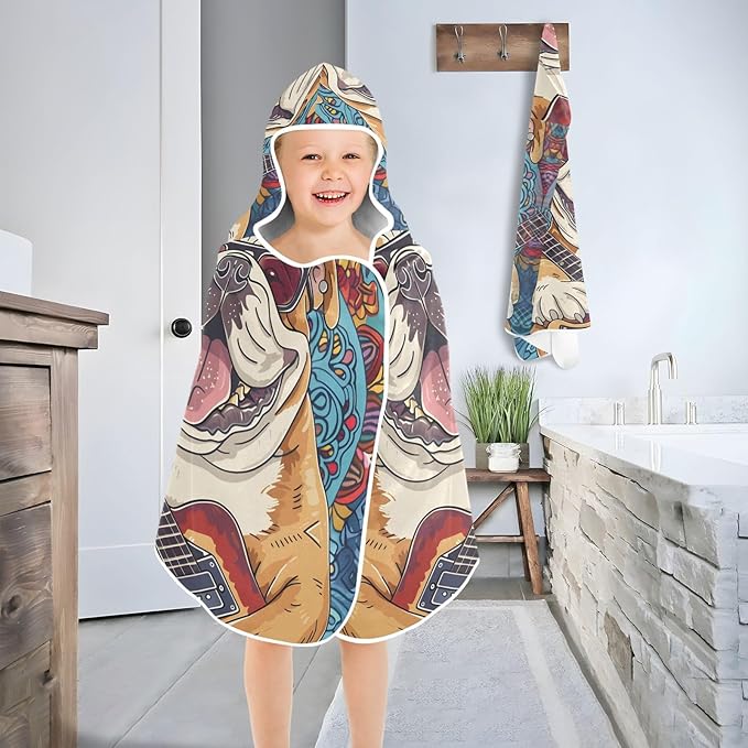 Hooded Towel for Kids Happy Bulldog Playing Guitar Beach Wrap Bath Towels 50x23.5in