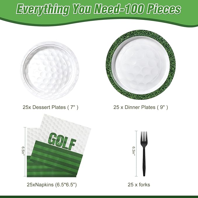 100 Pcs Golf Party Supplies for 25 Guests, Heavy-Duty 7" & 9" Paper Plates, 2-Ply 13" Napkins & Plastic Forks, Disposable Golf Themed Tableware Set for Game Day and Birthday