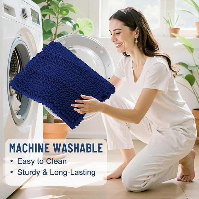 Grandaily Chenille Striped Bathroom Rugs 47x24, Extra Thick and Soft Absorbent Bath Mats, Rubber Backing, Plush Shaggy Shower Carpet, Machine Wash Dry, Bath Rug for Bathroom, Navy Blue