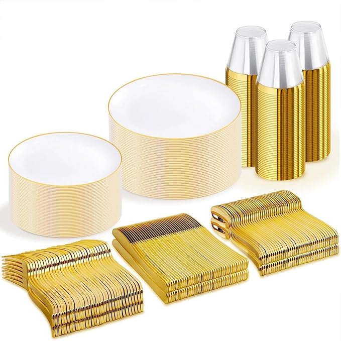 WDF 300Pcs White and Gold Plastic Plates - Gold Plates Disposable - 50 Guest Disposable Dinnerware Include 50 Dinner Plate 50 Dessert Plate 50 Cutlery 50 9oz Cups for Wedding/Birthday/Party