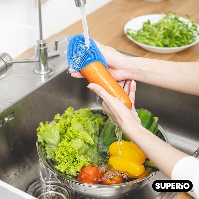 Silicone Heat Resistant Dishwasher Sponge, Fruit Cleaner, Vegetable Washer, Non Scratch Durable Bristles, Blue 3-Pack