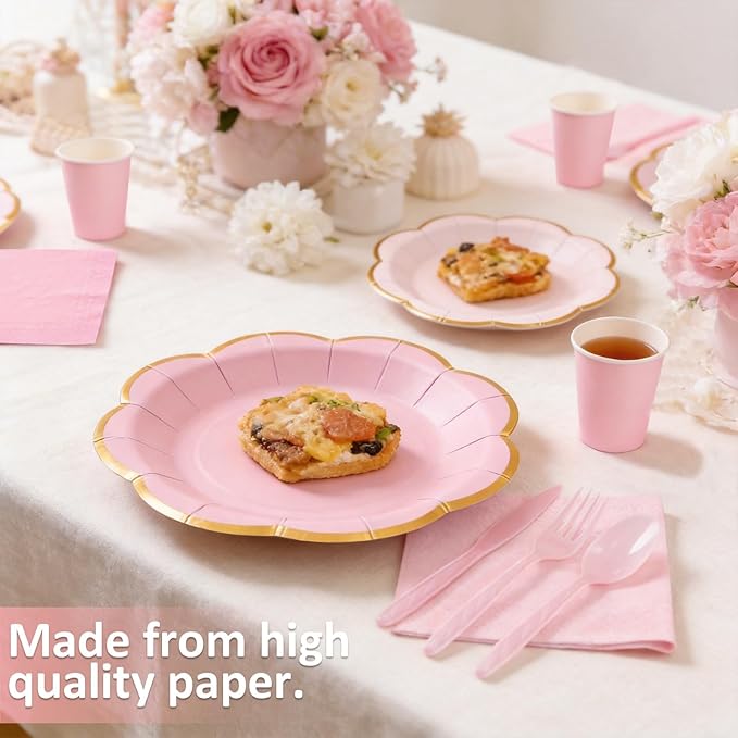 Pink Paper Plates and Napkins Party Supplies for 50 Guest, 350Pcs Pink Scalloped Mother's Day Party Plate with Gold Rim, Pink Disposable Plates Set for Girls Birthday Party Baby Shower Gender Reveal