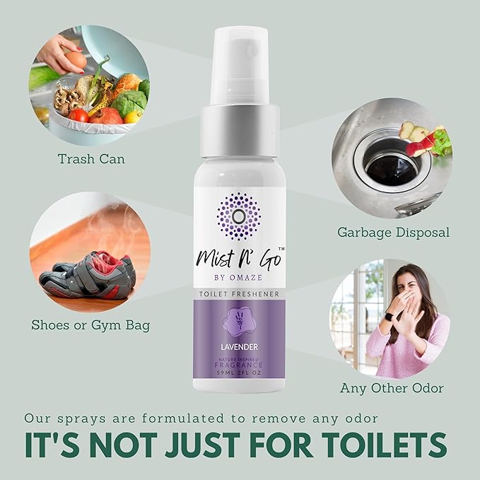 Mist N' Go by Omaze Travel Toilet Spray - Odor Eliminator & Air Freshener - Lavender Daily Pack (3oz x2)