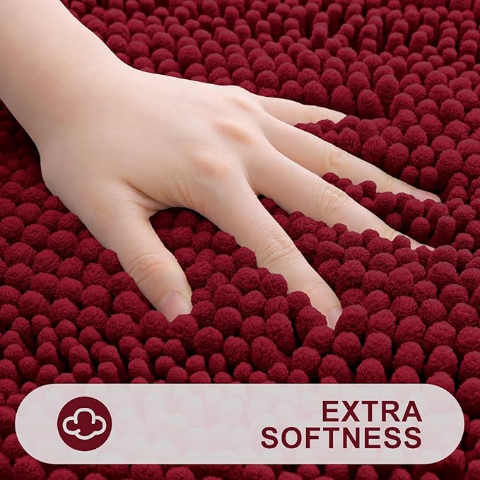 Grandaily Chenille Striped Bathroom Rugs 30x20, Extra Thick and Absorbent Bath Mats, Non-Slip Soft Plush Shaggy Shower Carpet, Machine Wash Dry, Bath Rug for Bathroom, (Medium, Red)
