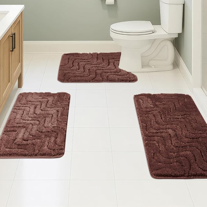 Bath Rugs Set 3 Pieces Bathroom Mat Soft Absorbent Plush Shaggy Soft Floor Non Slip Shower Bath Tub Machine Washable (Cocoa-Wave, 20"x32"/20"x20"/17"x24")