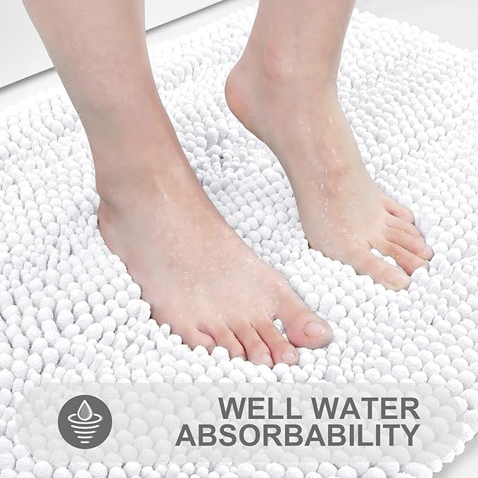 Grandaily Chenille Striped Bathroom Rugs 47x32, Extra Thick and Absorbent Bath Mats, Non-Slip Soft Plush Shaggy Shower Carpet, Machine Wash Dry, Bath Rug for Bathroom, White