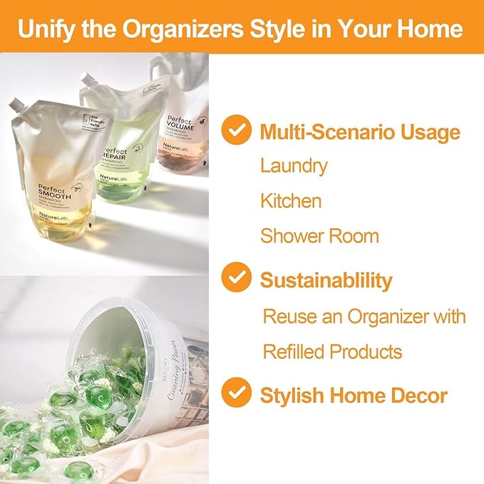 FEXIA 3+2 Pack Laundry Pods Containers and Dryer Sheet Holder with Laundry Detergent Dispenser Laundry Room Organization Storage Containers with Lids and Labels for Scent Booster,Powder,Pods