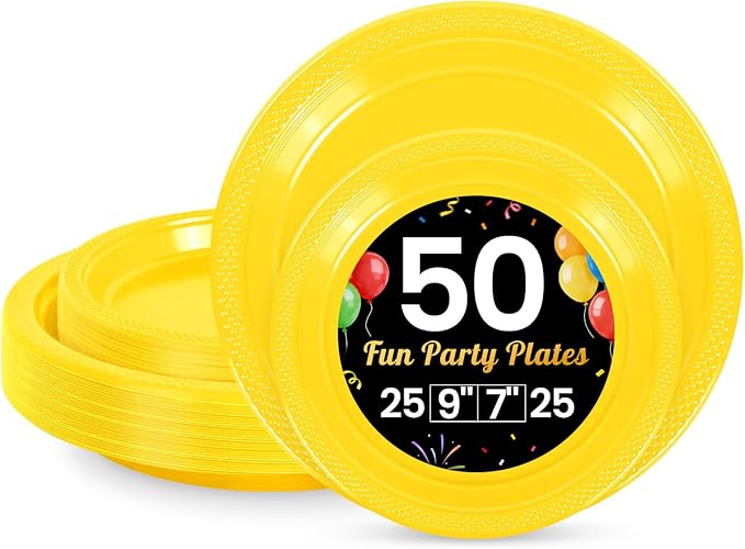 LANLISA 50 Pcs Yellow Plastic Plates For Party, 25-9" & 25-7" Disposable Cake Dessert Plates For Birthday, Picnic, Easter Dinner