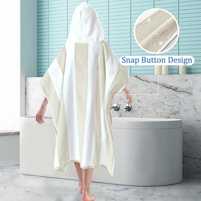 VOOVA & MOVAS Hooded Poncho Towel for Teens Unisex 100% Cotton Minimalist Versatile Beach Camping Bath Cover Up Beige White Bold Stripe