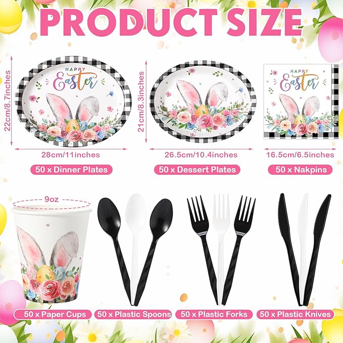 Havawish 350 Pcs Easter Bunny Party Supplies Happy Easter Disposable Tableware Set Buffalo Plaids Eggs Bunny Oval Paper Plates Cups Napkins Fork Knife Spoon for Spring Holiday Party Dinner Table Decor