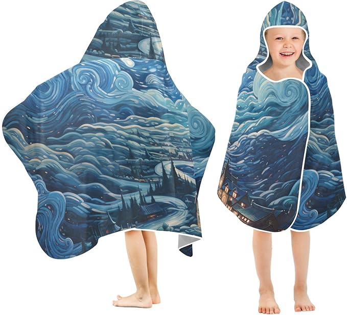 Hooded Towel for Kids Village Starry Night and Clouds Beach Wrap Bath Towels 50x23.5in