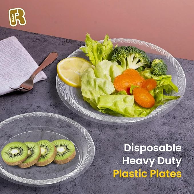 R-kay 100 Pack 9 Inch Clear Plastic Plates Disposable - Heavy Duty 9 Inch Clear Plates For Party - Microwavable Clear Disposable Plates