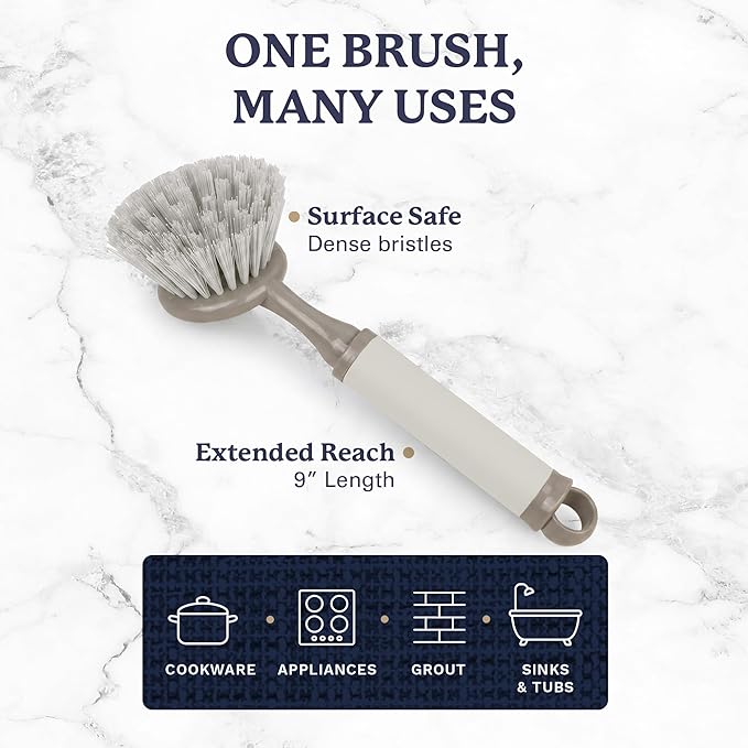 Farberware Dish Brush with Handle – 2 Pack Kitchen Scrub Brush for Dishes, Non-Scratch Dishwashing Brush Set with Firm Bristles for Pots, Pans, & Sink, Soft Grip Handles for Everyday Cleaning