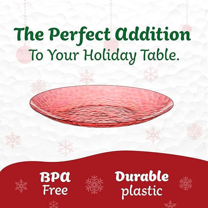 PLASTICPRO 30 Pack Hammered Plastic Plates Heavyweight Disposable Plastic Plates Elegant Red Platsic Party Dishes (Hammered Red Christmass, 9'' INCH PLATES)