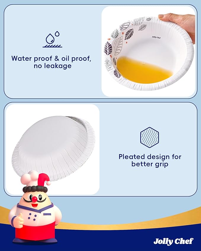 JOLLY CHEF 160 Count Paper Bowls 20 oz Soak Proof and Cut Proof Microwave Safe Heavy Duty Leaf Printed Disposable Bowls for Dinner or Every Day Use
