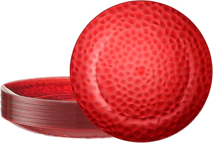 PLASTICPRO 30 Pack Hammered Plastic Plates Heavyweight Disposable Plastic Plates Elegant Red Platsic Party Dishes (Hammered Red Christmass, 9'' INCH PLATES)