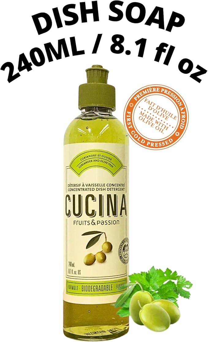 Cucina Fruits & Passion Travel Mini Dish Detergent Refill 3-Pack - Concentrated, Grease-Cutting and Gentle Liquid Soap, Coriander and Olive Tree, 8.1 fl oz Each