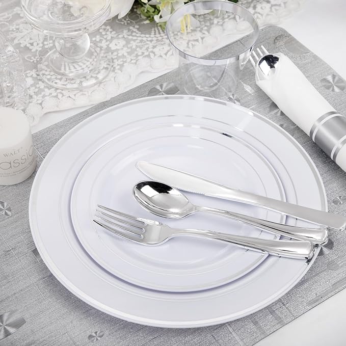 WELLIFE 210 Piece Silver Plastic Dinnerware Set for 30 Guests, Include: 30 Dinner Plates, 30 Dessert Plates, 30 Pre Rolled Napkins with Silverware and 30 Silver Cups