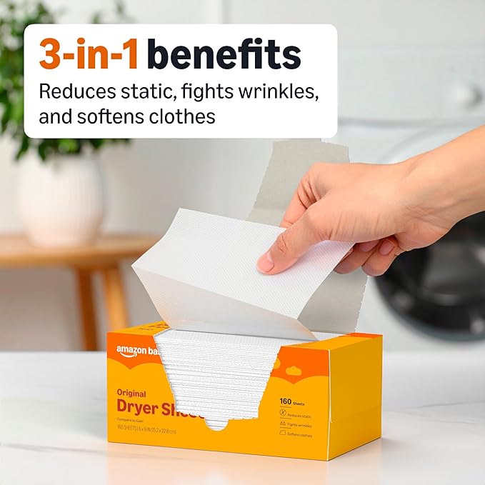 Amazon Basics Dryer Sheets Laundry Fabric Softener, Original Scent, Reduces Static, Fights Wrinkles, 160 Count