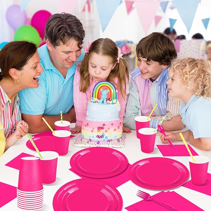 228PCS Hot Pink Party Supplies Set Include Paper Plates Cups Hot Pink Napkins Plastic Spoons Forks Knives for 30Guests Disposable Party Dinnerware Sets for Birthday Wedding Family Picnic