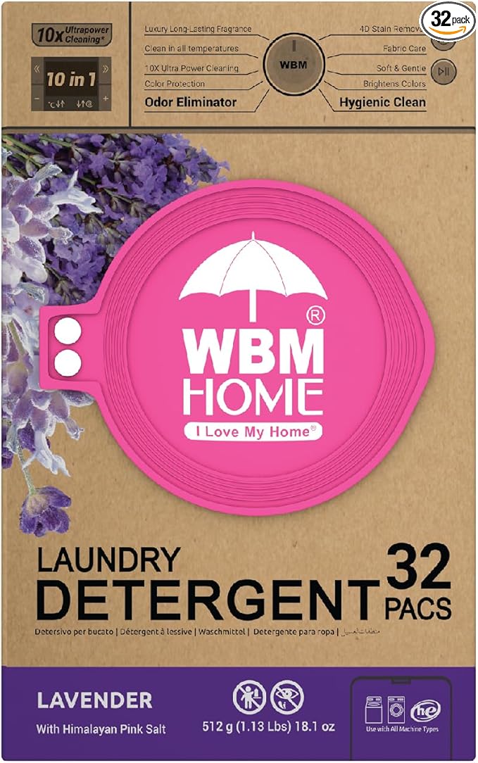 WBM 10-in-1 Laundry Detergent Pods, Fabric Softener with Lavender Extracts, High-Efficiency Laundry Pods with Powerful Stain Lifter Technology - 32 Count Bag