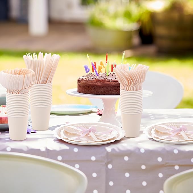 Ziliny 350 Pcs Ivory Plates and Napkins, 50 Guest Cream White Party Supplies Include Scalloped Paper Plates Napkins Cups Plastic Spoons Forks Knives Disposable Tableware Set for Weeding Bridal Shower