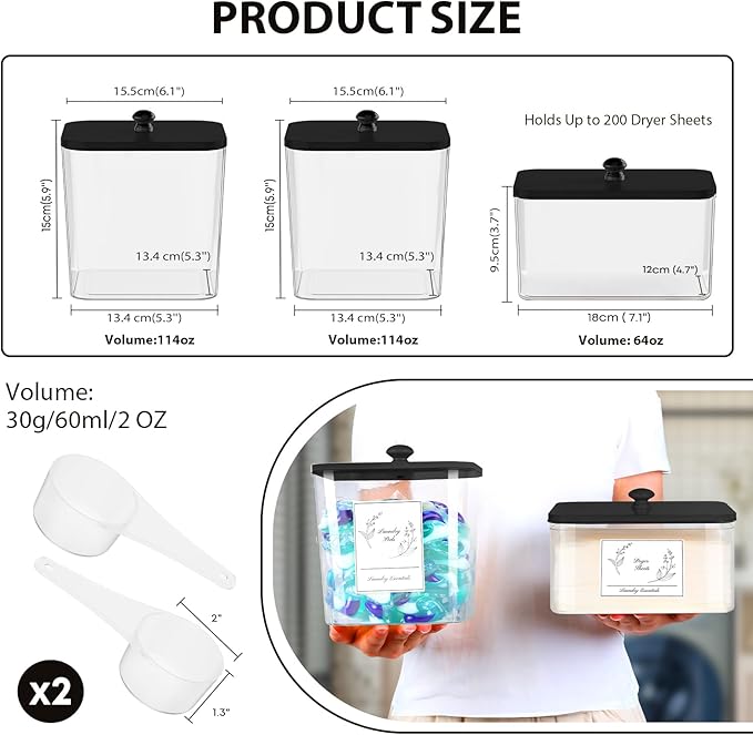 COAZEX 3 Pack Plastic Laundry Pods Container & Dryer Sheet Holder, Laundry Room Organization and Storage Jars with Lids, Scoops & Labels for Detergent, Powder, Scent Booster(Black Lid)