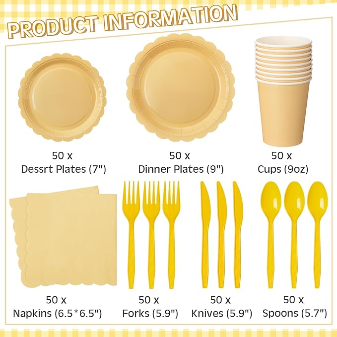 Ziliny 350 Pcs Light Yellow Plates and Napkins, 50 Guest Spring Easter Party Supplies Include Scalloped Paper Plates Napkins Cups Plastic Spoons Forks Knives Disposable Tableware Set for Baby Shower