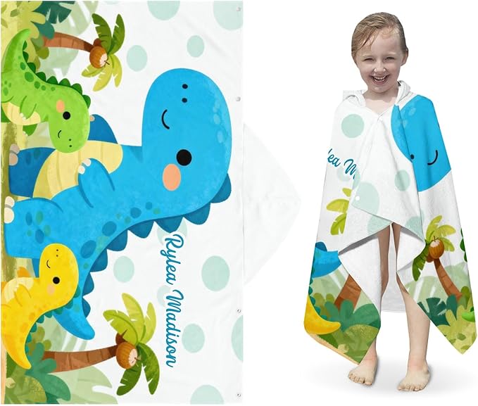 Cute Dinosaurs Jungle Personalized Hooded Towel Absorbent Wrap Soft Pool Beach Bath Towels Hood Poncho for 5-12 Years Kids Boys Girls