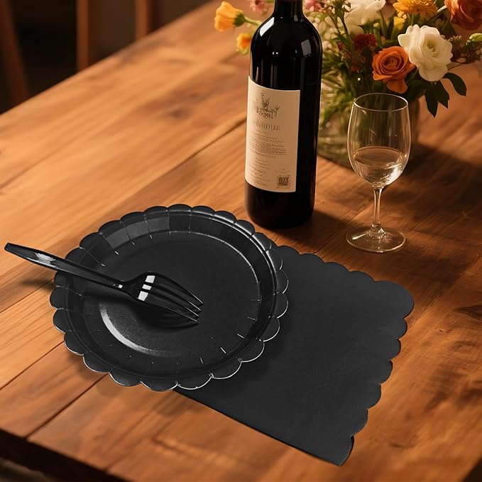 Black Paper Plates and Napkins,7 Inch Black Scalloped Disposable Dessert Plates Paper Napkin Fork Party Supplies for Wedding Baby Shower Birthday(25 Guest)