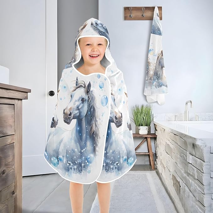Hooded Towel for Kids Watercolor Horses Beach Wrap Bath Towels 50x23.5in