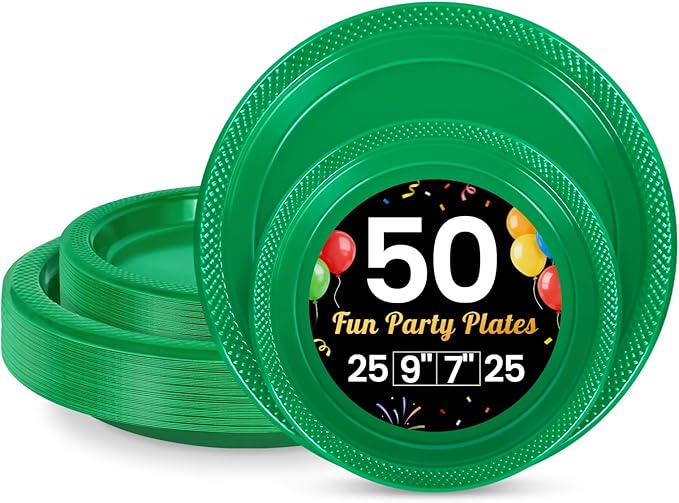LANLISA 50 Pcs Green Plastic Plates For Party, 25-9" & 25-7" Disposable Cake Dessert Plates For Birthday, St Patricks Day, Christmas Dinner