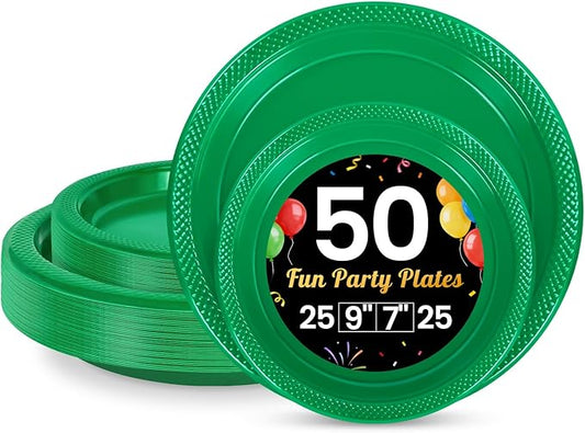 LANLISA 50 Pcs Green Plastic Plates For Party, 25-9" & 25-7" Disposable Cake Dessert Plates For Birthday, St Patricks Day, Christmas Dinner