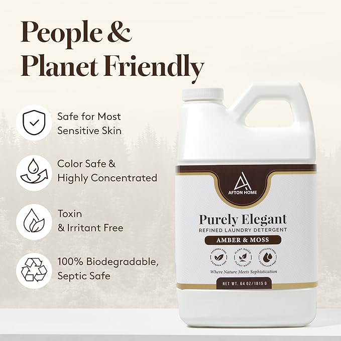 Elegant Luxury Plant-Based Laundry Detergent Amber & Moss Scent, 32oz by Purely Elegant, Biodegradable, Highly Concentrated, Eco-Friendly, Sensitive Skin Safe, Paraben Free, HE, Medium Bottle