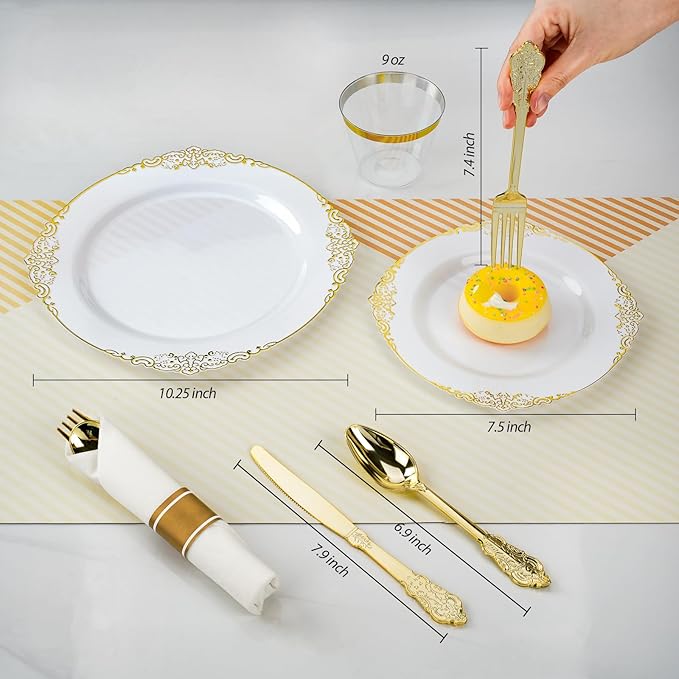 Bestluck 700PCS Gold Plastic Plates for 100 Guests, Disposable Dinnerware Sets Include 200 Gold Rim Plastic Plates, 100 Silverwares, 100 Cups, and 100 Pre Rolled Napkins for Party, Wedding, Graduation