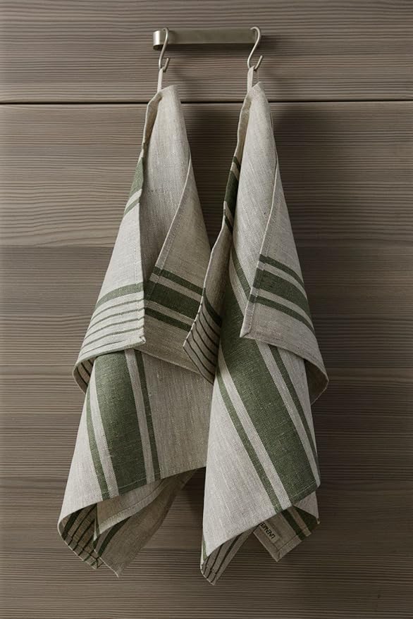 Pure Linen Kitchen Tea Towels - 100% Flax Linen Dish Towels 17 x 27 inch with Olive Green French Country Stripes - Flax Hand Towels - Set of 2
