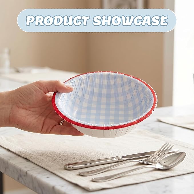 50 Pack 8oz Disposable Paper Bowls, 6 Inch Blue Gingham Pattern with Red Rim, Heavy Duty Disposable Bowls for Picnic BBQ Party Salad Ice Cream Soup (Blue Check Pattern, 50 Pack 8 Oz)
