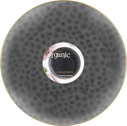 PLASTICPRO 30 Pack Heavyweight Disposable Plastic Plates - Elegant Transparent Black With Gold Rim, 9'' INCH PLATES