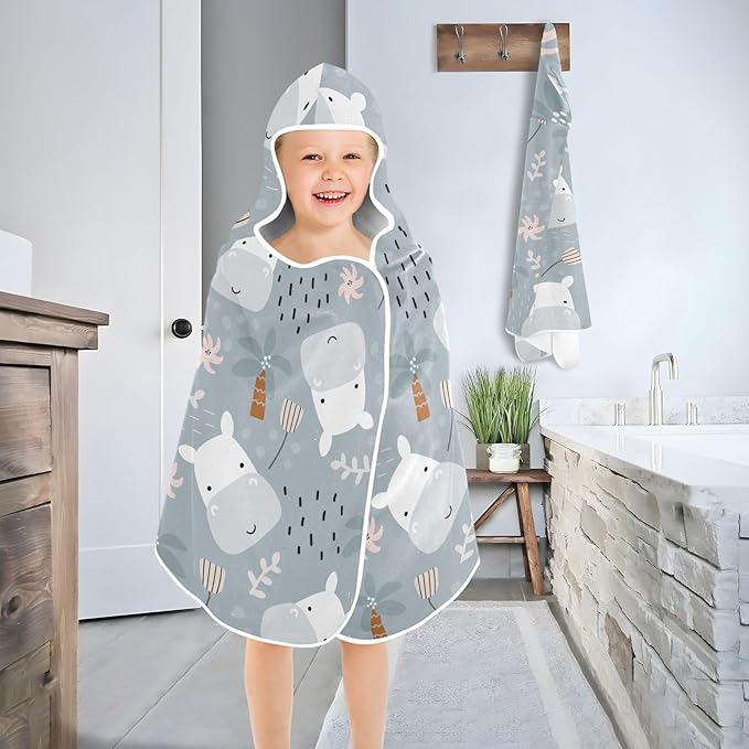 susiyo Kids Hooded Bath Towel Cute Hippo Tropical Plants Beach Towel for Kids 23.5 x 50 Inch Microfiber Soft Absorbent Quick Dry Bath Swim Pool Towel Wrap Poncho Bathrobe with Hood for Kids Toddler