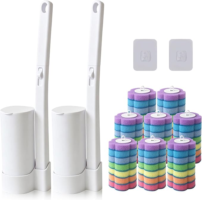 2-Pack Disposable Toilet Bowl Cleaner Wand Kit, Wall-Mounted Space-Saving Brush Set with 56 Preloaded Fluid Refills for Multi-Bathroom & RV Deep Cleaning