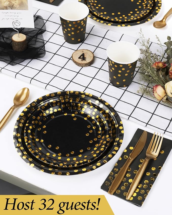 224 Pieces Party Supplies, Black and Gold Party Plates Cups and Napkins Sets with Plastic Knives forks spoons, Disposable Tableware Serves 32 Sets for Wedding, Birthday, Graduation, Festivals