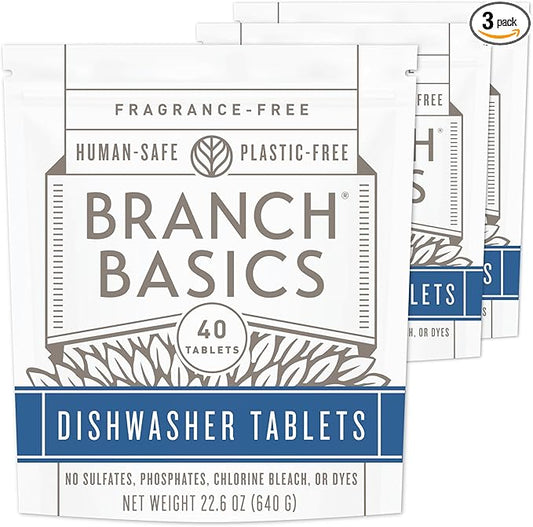 Branch Basics Dishwasher Tablets – 120 Ct | Plastic-Free, Fragrance-Free, Human-Safe | Delivers a Powerful Clean Without Harsh Chemicals (40 Count, Pack of 3)
