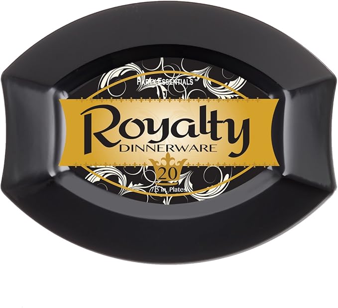 Party Essentials Party Supplies Fancy Plastic Dinnerware For Wedding/Birthday/All Occasions, 7.5" x 6.25", Salad/Dessert Plates, 20-Count, Black Oval Royalty