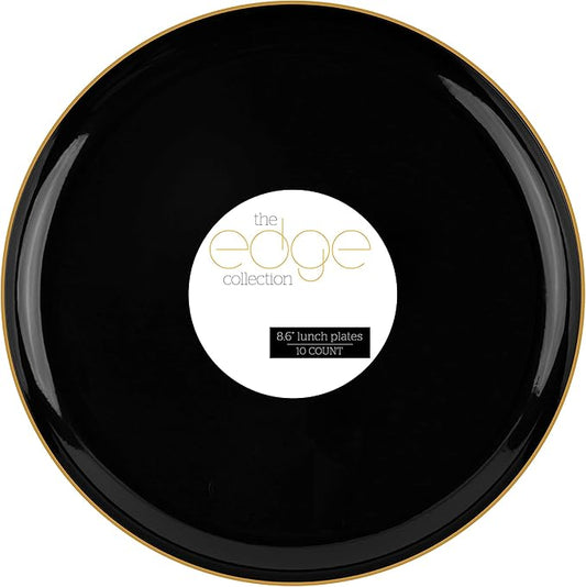 PLASTICPRO [30 Count 8.6 Plastic Party Plates Edge Collection Black with Gold Rim Premium heavyweight Elegant Disposable Tableware Dishes (Black With Gold Rim,